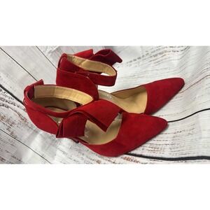 Delevnt Red Suede‎ Bow Ankle Strap Pointed Toe Stiletto Pumps